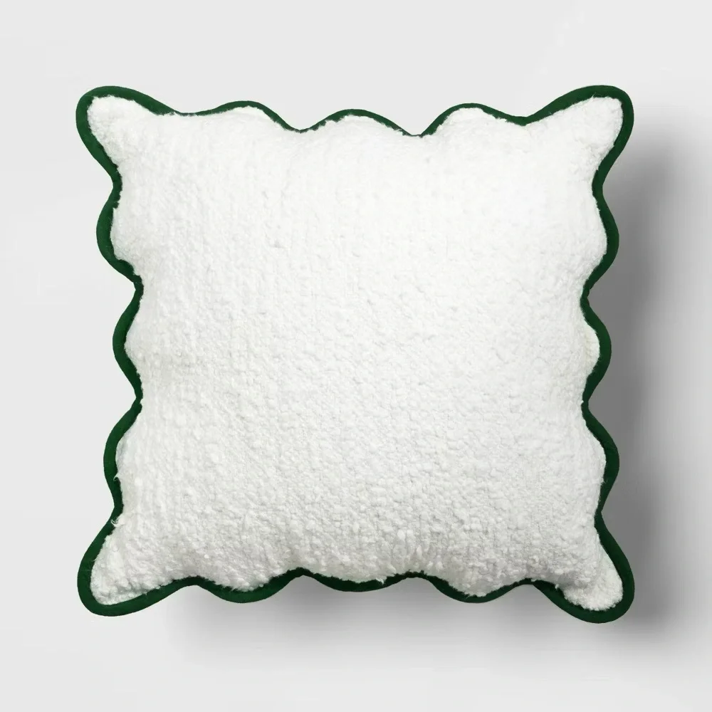 Oversize Faux Boucle with Scalloped Trim Square Throw Pillow Ivory/Green